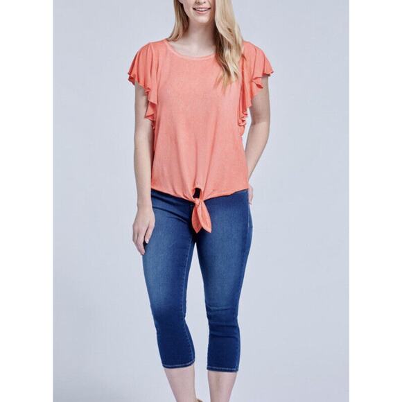 *NEW* Seven 7 Flutter Short Sleeve Tie Front T-Shirt Top Coral Orange Size XL - Picture 6 of 11